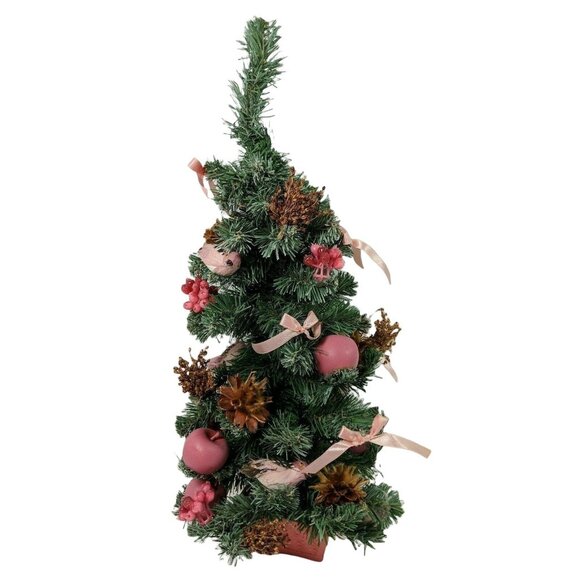 Miniature Christmas Tree In Red Basket W/ Pinecones Birds & Pink Ribbon Decor 20 - Picture 2 of 6